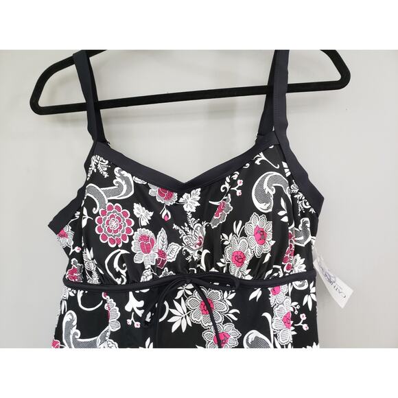 NEW Catherine's 16W Tankini Swim Top Shirt Tropical Plus Size Black Vacation - Picture 2 of 6